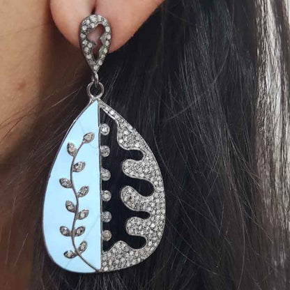 Turquoise Enamel Pave Diamond Fancy Designer Pave Diamond Earrings, Silver Earrings