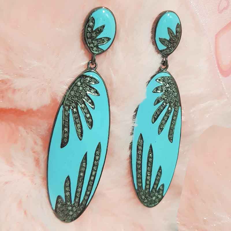 Handmade Designer Turquoise Enamel Pave Earrings, Enamel Earrings, Gift For Girls