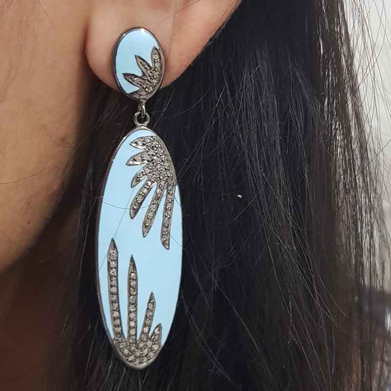 Handmade Designer Turquoise Enamel Pave Earrings, Enamel Earrings, Gift For Girls