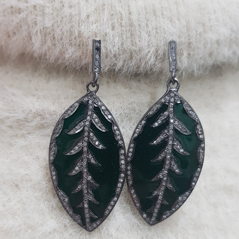 Green Enamel Leaf Designer Pave Diamond Earrings, Fancy Earrings, Silver Jewelry