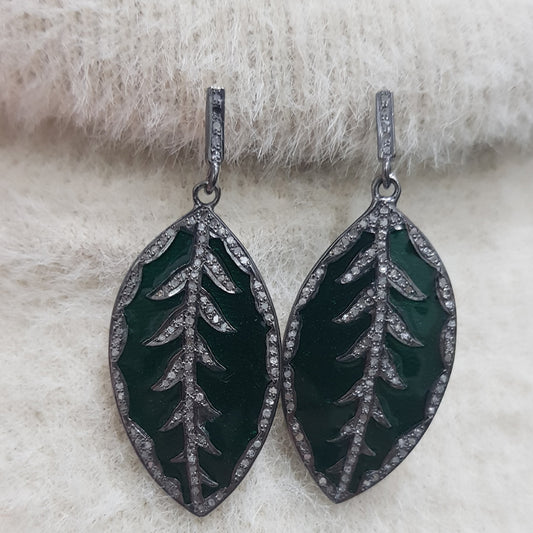 Green Enamel Leaf Designer Pave Diamond Earrings, Fancy Earrings, Silver Jewelry