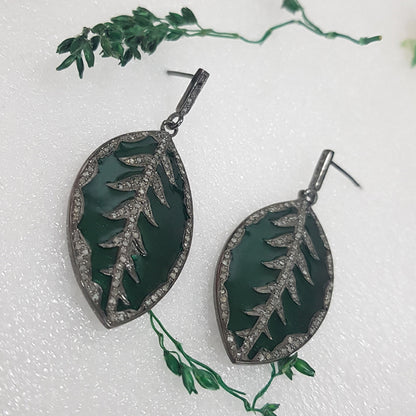 Green Enamel Leaf Designer Pave Diamond Earrings, Fancy Earrings, Silver Jewelry