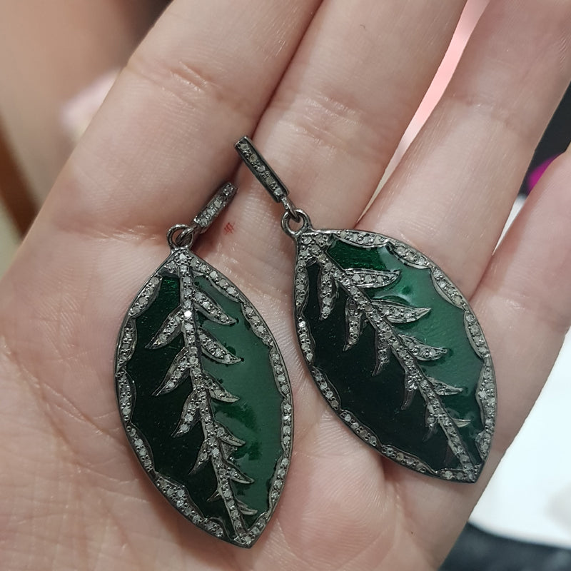 Green Enamel Leaf Designer Pave Diamond Earrings, Fancy Earrings, Silver Jewelry