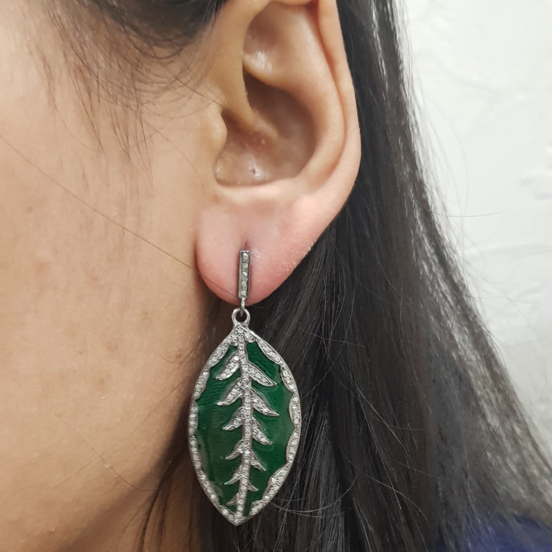 Green Enamel Leaf Designer Pave Diamond Earrings, Fancy Earrings, Silver Jewelry