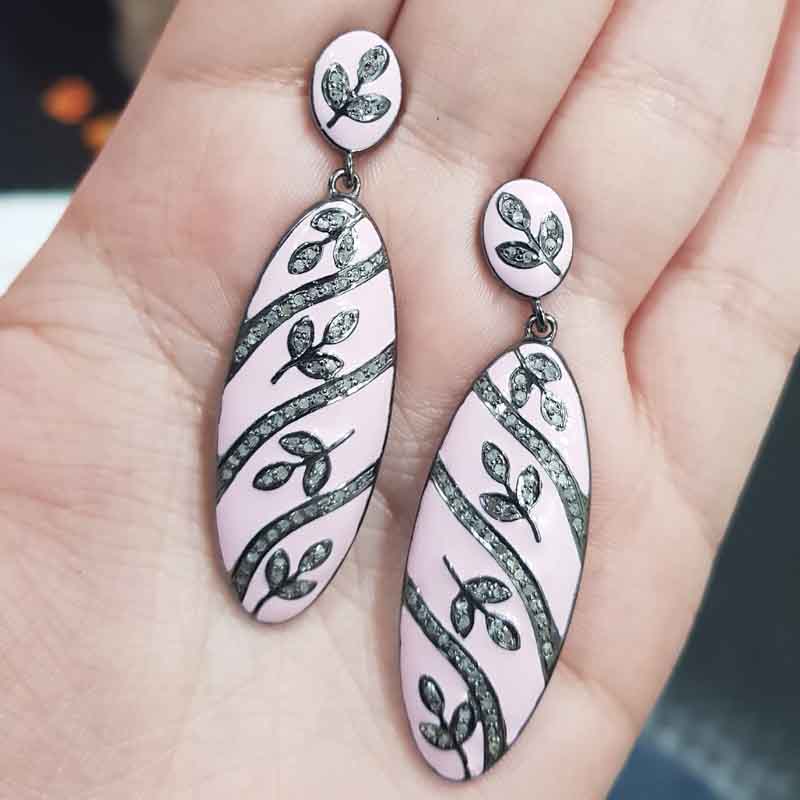 Pink Enamel Leaf Style Pave Diamond Earrings, Gift For Girl, Birthday Gift, Silver Jewelry