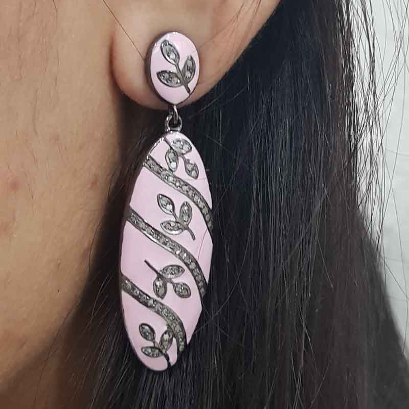 Pink Enamel Leaf Style Pave Diamond Earrings, Gift For Girl, Birthday Gift, Silver Jewelry