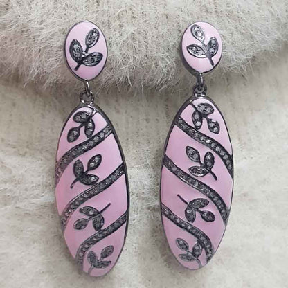 Pink Enamel Leaf Style Pave Diamond Earrings, Gift For Girl, Birthday Gift, Silver Jewelry