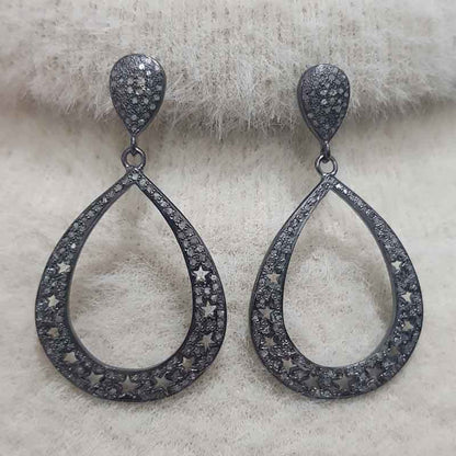 Star Designer Pave Diamond Fancy Style Earrings, Silver Jewelry, Gift For Love