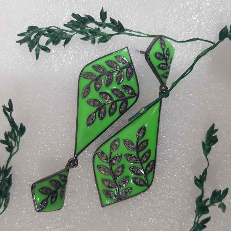 Green Enamel With Little Pave Diamond Leaf Style earrings, Silver Jewelry, Gift For Wife, Anniversary Gift