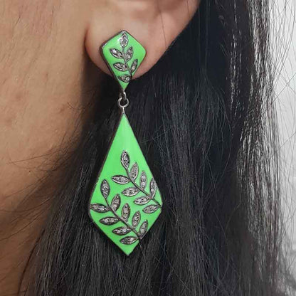 Green Enamel With Little Pave Diamond Leaf Style earrings, Silver Jewelry, Gift For Wife, Anniversary Gift