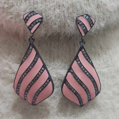 Pink Enamel Beautifully Designed Earrings With Pave Diamond Layers, Silver Jewelry