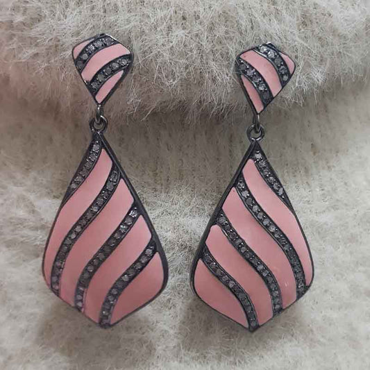 Pink Enamel Beautifully Designed Earrings With Pave Diamond Layers, Silver Jewelry