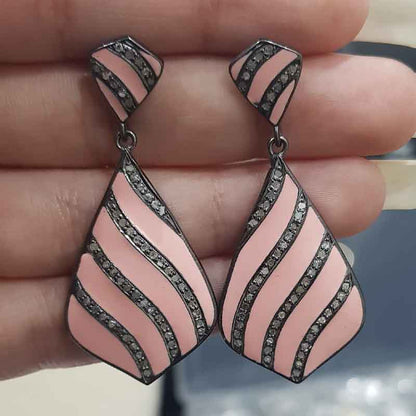 Pink Enamel Beautifully Designed Earrings With Pave Diamond Layers, Silver Jewelry