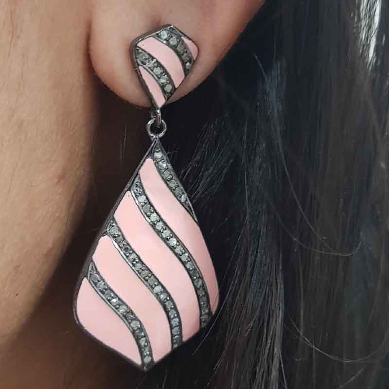 Pink Enamel Beautifully Designed Earrings With Pave Diamond Layers, Silver Jewelry