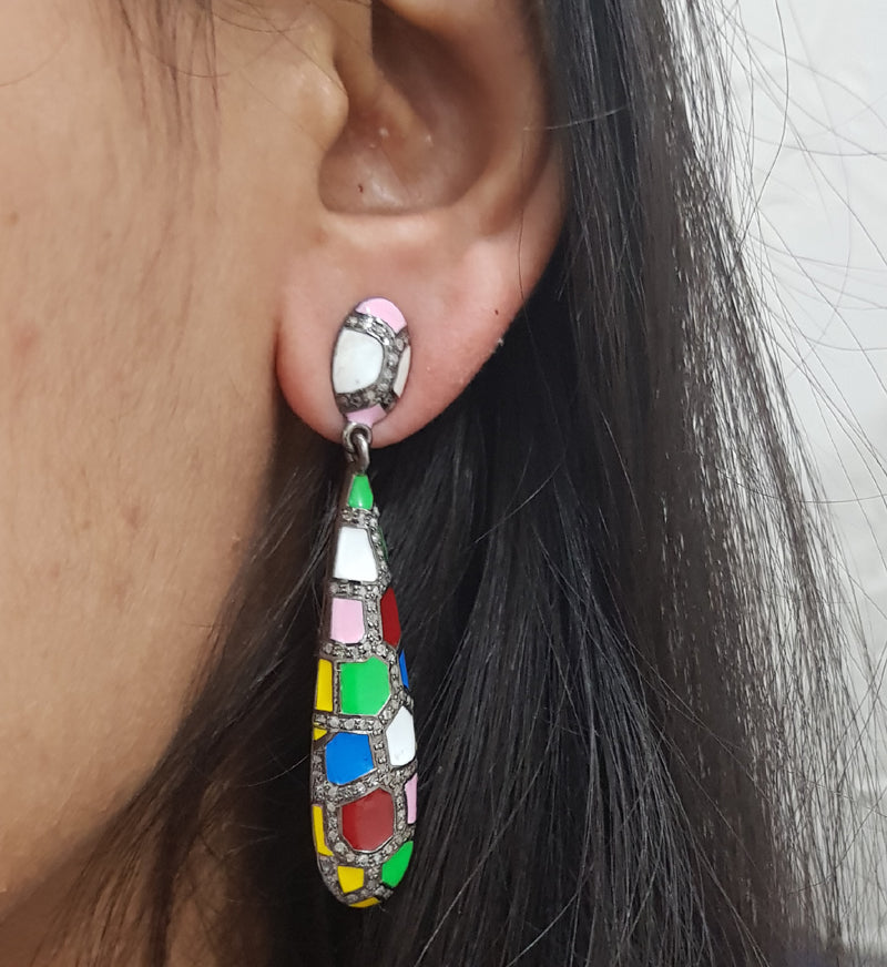 Multi Color Enamel Handmade Designer Pave Diamond Fancy Earrings, Silver Jewelry