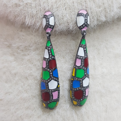 Multi Color Enamel Handmade Designer Pave Diamond Fancy Earrings, Silver Jewelry