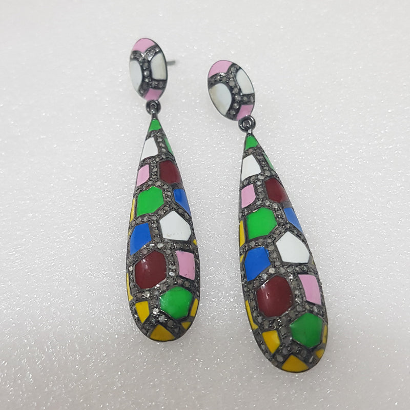 Multi Color Enamel Handmade Designer Pave Diamond Fancy Earrings, Silver Jewelry