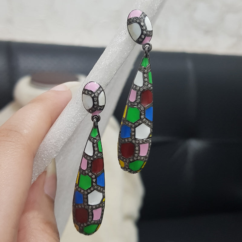 Multi Color Enamel Handmade Designer Pave Diamond Fancy Earrings, Silver Jewelry