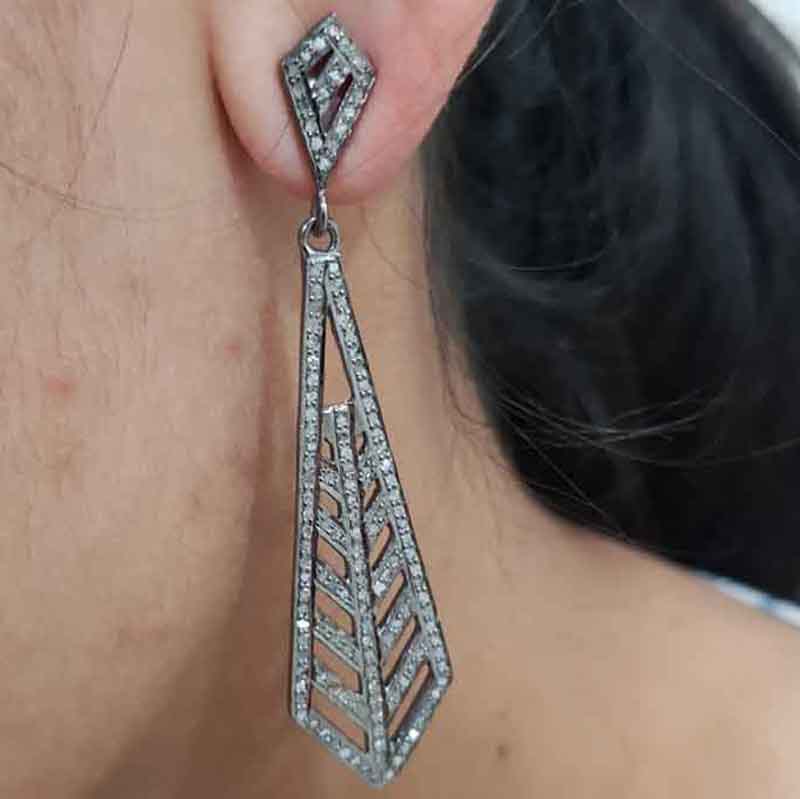 Attractive Natural Pave Diamond Fancy Design Silver Earrings, Silver Jewelry, Gift For Mom