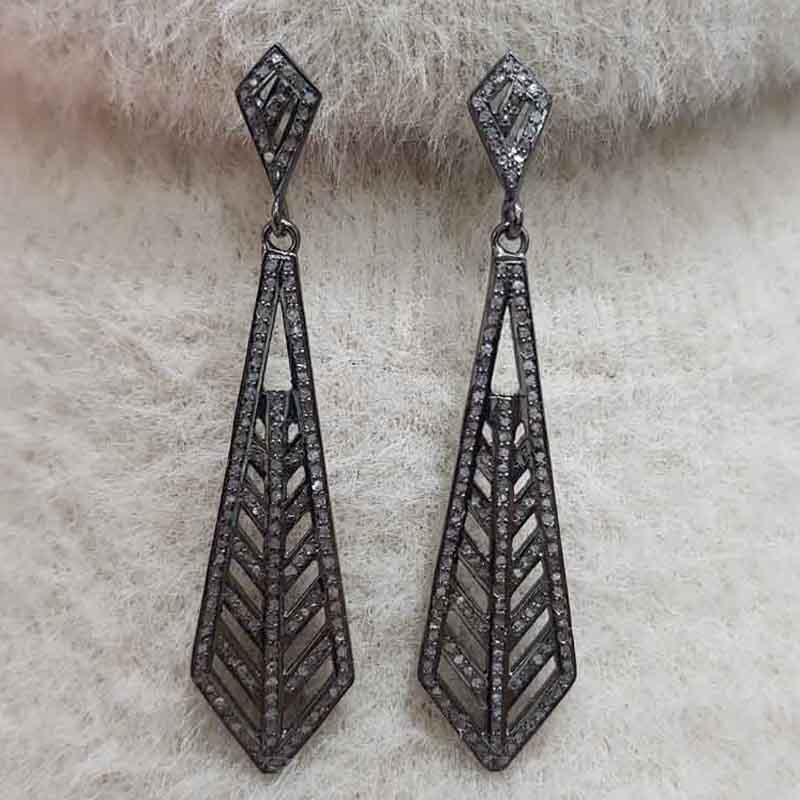 Attractive Natural Pave Diamond Fancy Design Silver Earrings, Silver Jewelry, Gift For Mom