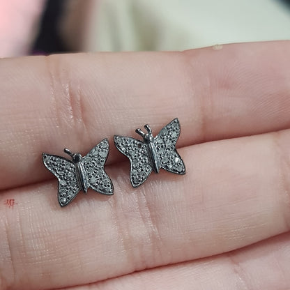 Fully Pave Diamond Handmade Designer Small Butterfly Stud, Silver Jewelry