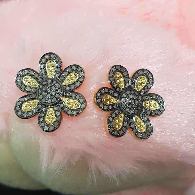 Gorgeous Handmade Flower Designer Pave Diamond Silver Earrings, Silver Jewelry