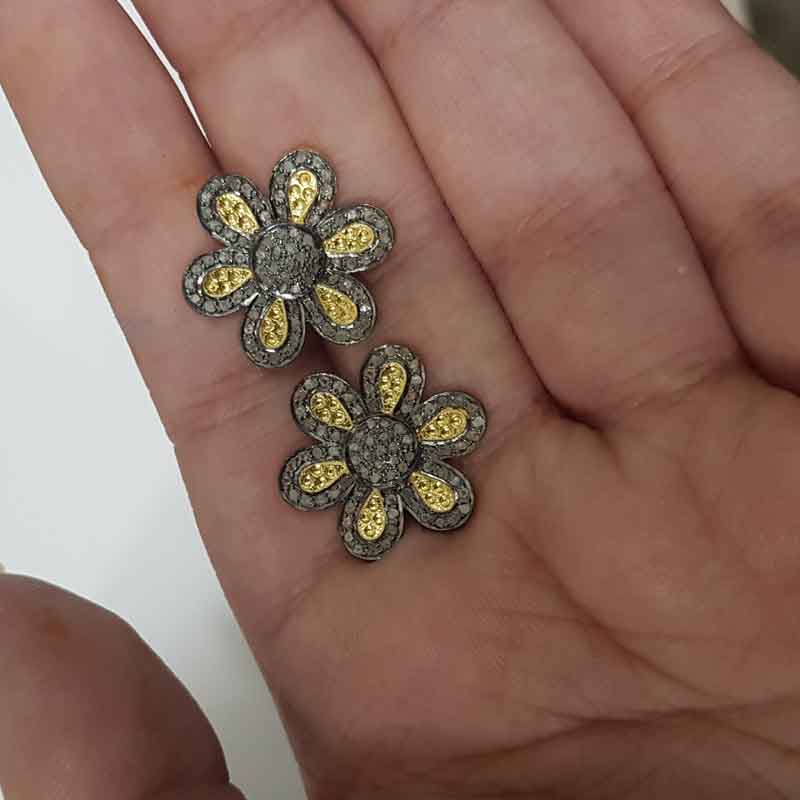 Gorgeous Handmade Flower Designer Pave Diamond Silver Earrings, Silver Jewelry