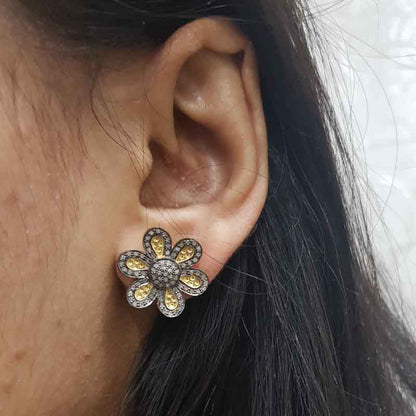 Gorgeous Handmade Flower Designer Pave Diamond Silver Earrings, Silver Jewelry