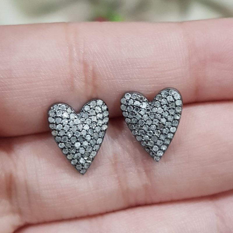 Fully Pave Diamond Handmade Designer Fancy Heart Earrings, Cutest Heart Stud, Silver Studs