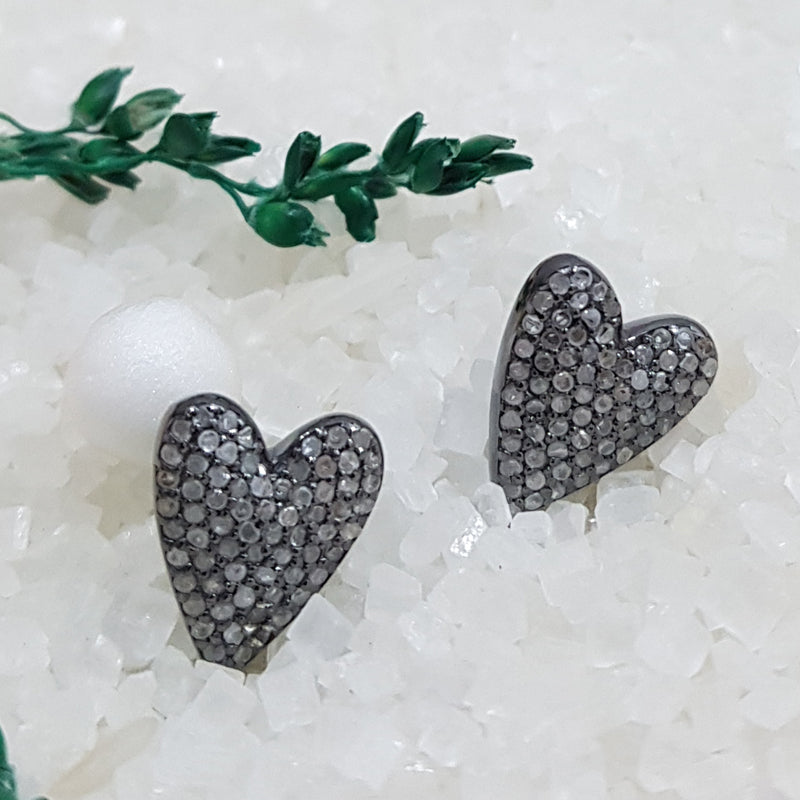 Fully Pave Diamond Handmade Designer Fancy Heart Earrings, Cutest Heart Stud, Silver Studs