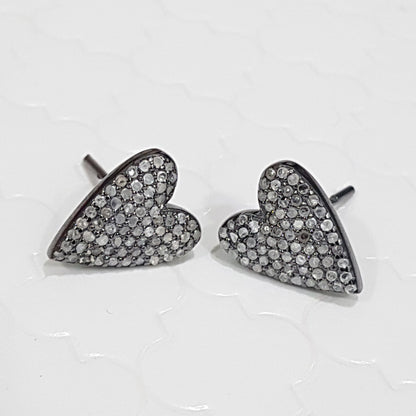 Fully Pave Diamond Handmade Designer Fancy Heart Earrings, Cutest Heart Stud, Silver Studs