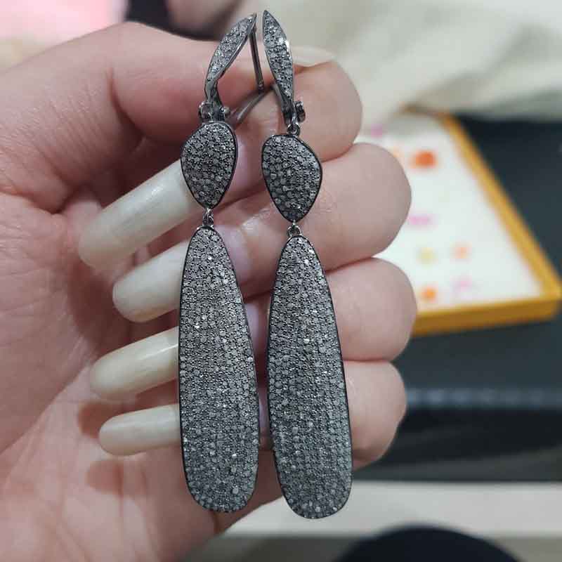 Beautifully 925 Sterling Fully Natural Pave Diamond Silver Fancy Earrings, Silver Jewelry