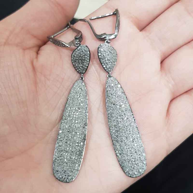 Beautifully 925 Sterling Fully Natural Pave Diamond Silver Fancy Earrings, Silver Jewelry