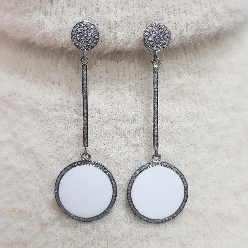 Gorgeous Handmade Round Shape Designer Pave Diamond Enamel Earrings, Silver Jewelry