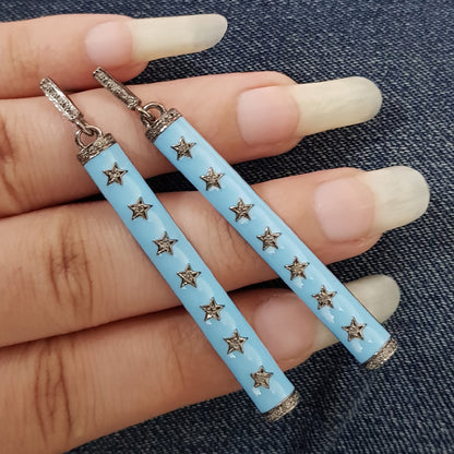 Turquoise Enamel Gorgeous Little Pave Diamond Star Designer Earrings, Silver Jewelry