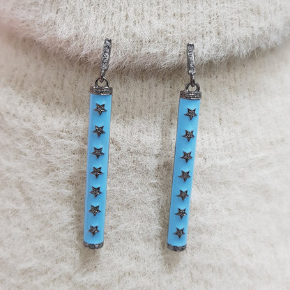 Turquoise Enamel Gorgeous Little Pave Diamond Star Designer Earrings, Silver Jewelry