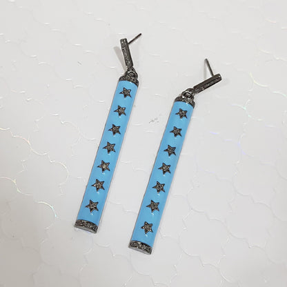 Turquoise Enamel Gorgeous Little Pave Diamond Star Designer Earrings, Silver Jewelry