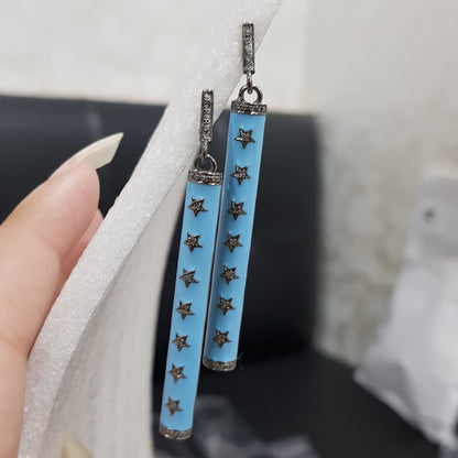 Turquoise Enamel Gorgeous Little Pave Diamond Star Designer Earrings, Silver Jewelry