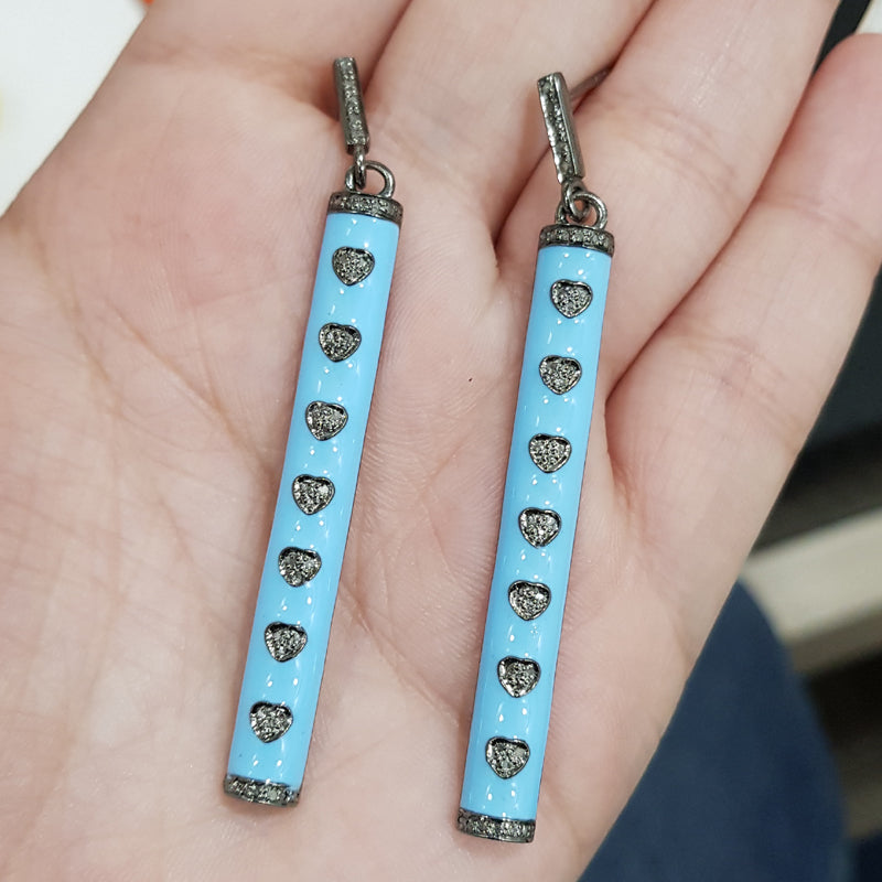 Antique Finish Designer Turquoise Enamel Earrings With Little pave Hearts, Silver Jewelry