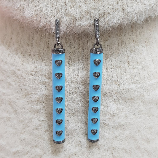 Antique Finish Designer Turquoise Enamel Earrings With Little pave Hearts, Silver Jewelry