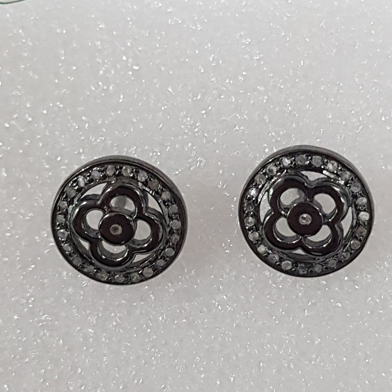 Black Beautiful Flower Style Pave Diamond Stud Earrings, Silver Studs, Gift For girl