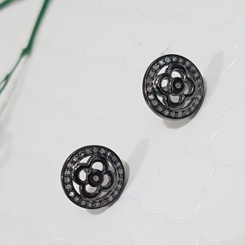 Black Beautiful Flower Style Pave Diamond Stud Earrings, Silver Studs, Gift For girl