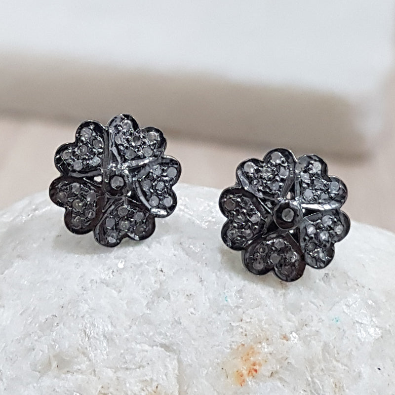 Blossom Beauty Studs, Black Beautiful Pave Diamond Flower Stud, Statement Jewelry