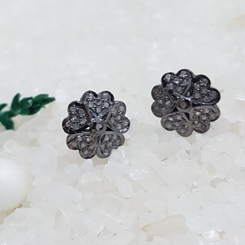 Blossom Beauty Studs, Black Beautiful Pave Diamond Flower Stud, Statement Jewelry