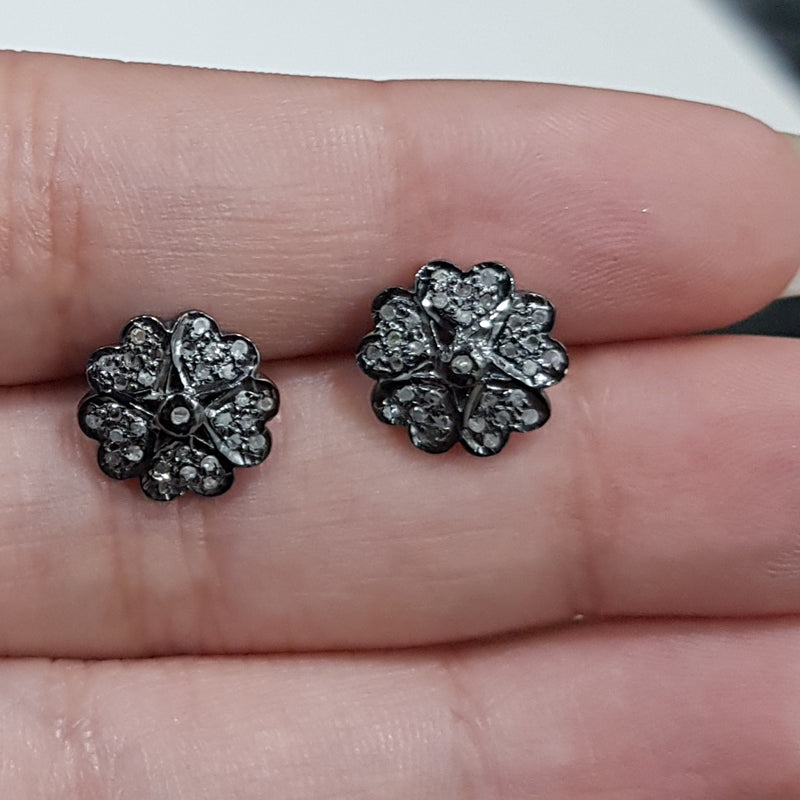 Blossom Beauty Studs, Black Beautiful Pave Diamond Flower Stud, Statement Jewelry