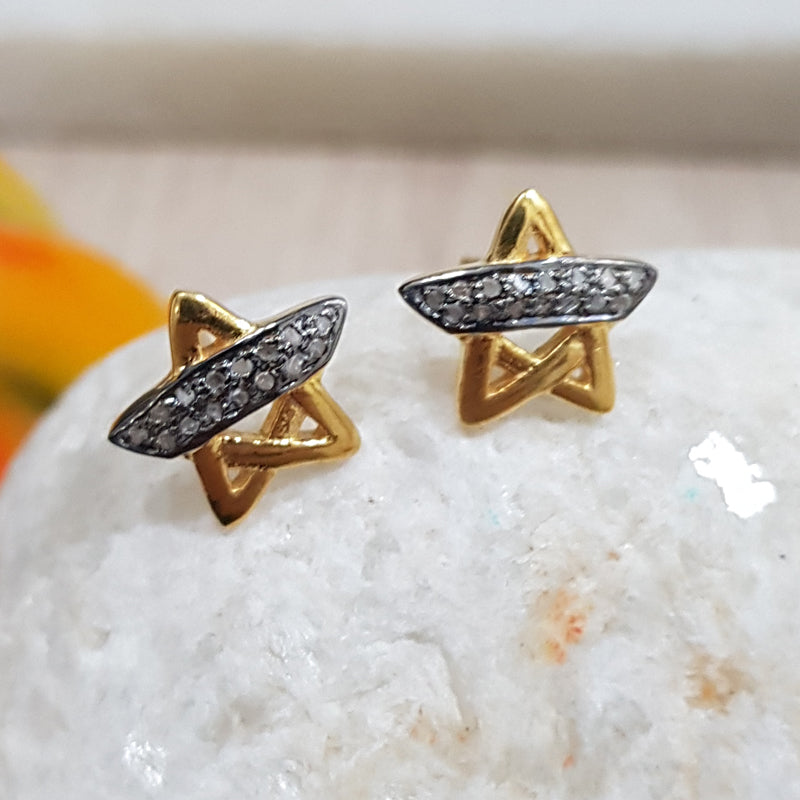 Star Designer Pave Diamond Handmade Style Stud Earrings, Silver Jewelry