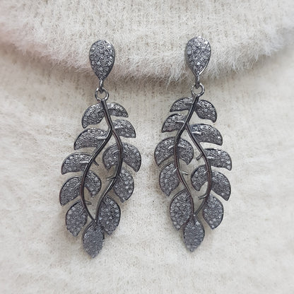 Delicate Leaf Dangles, Super Stylish Pave Diamond 925 Sterling Leaf Style Lovely Earrings, Silver Jewelry