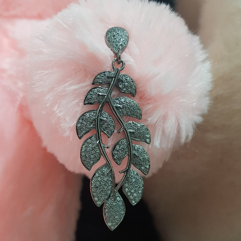 Delicate Leaf Dangles, Super Stylish Pave Diamond 925 Sterling Leaf Style Lovely Earrings, Silver Jewelry