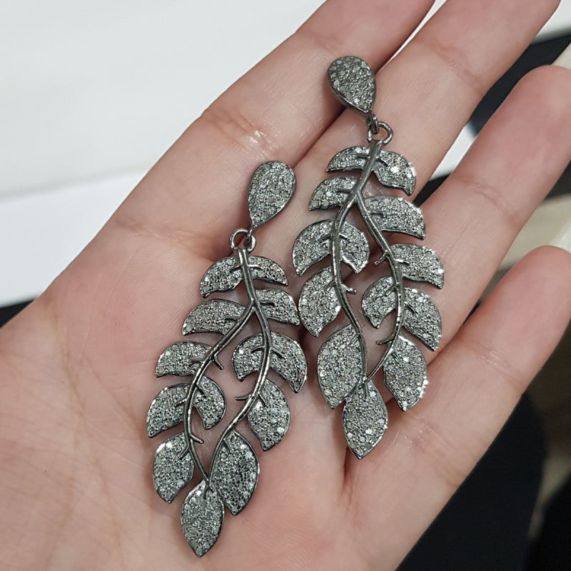 Delicate Leaf Dangles, Super Stylish Pave Diamond 925 Sterling Leaf Style Lovely Earrings, Silver Jewelry