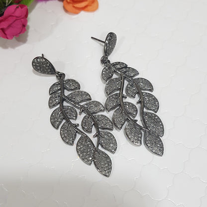 Delicate Leaf Dangles, Super Stylish Pave Diamond 925 Sterling Leaf Style Lovely Earrings, Silver Jewelry